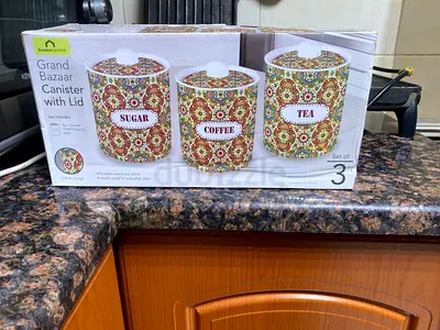 Set of 3 Decorative Kitchen Canisters – Sugar, Coffee, Tea (New in Box)