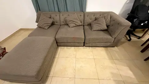 L shaped 3-seater modular fabric sofa with ottoman - neutral brown