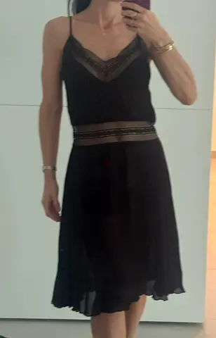 Dior Black Lace-Trim Midi Slip Dress, chiffon, Size S