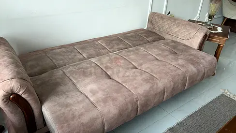 Convertible 3 seater sofa bed - single reclining couch in beige suede (good condition)