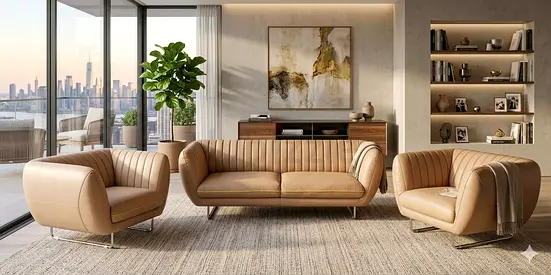 Modern tan leather 3-piece sofa set (sofa + 2 armchairs) - excellent condition