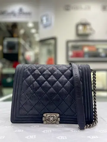 Chanel Navy Blue Quilted Goatskin Medium Gentle Boy Flap Bag (Authentic/Preaowned)