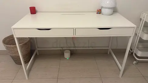 2 White minimal study desk with drawers — good condition