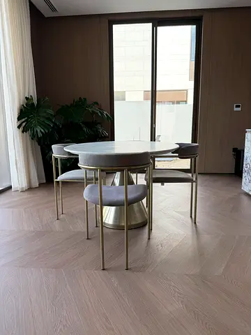 West Elm Marble Top Dining Table with Gold base  Set of 4 Grey Chairs