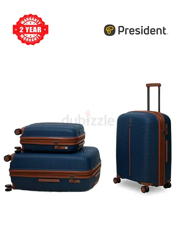 President 3-Piece Navy Blue Hard Shell Luggage Set with Brown Accents
