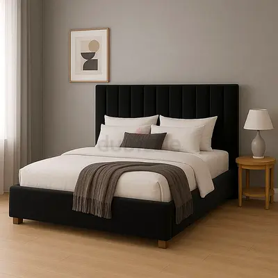 Upholstered Queen Bed Frame with Padded Headboard - Black