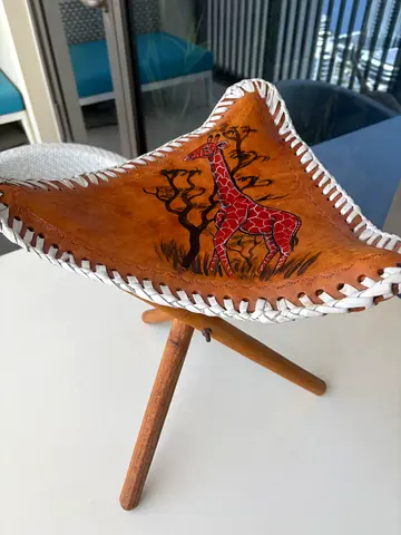 African tripod stool | Hand-Painted | Leather Seat | Good Condition