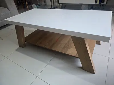 Modern White Top Coffee Table with Lower Shelf (Wood Legs)