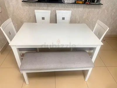 White Wooden Dining Table Set with 4 Chairs and Bench - Good Condition