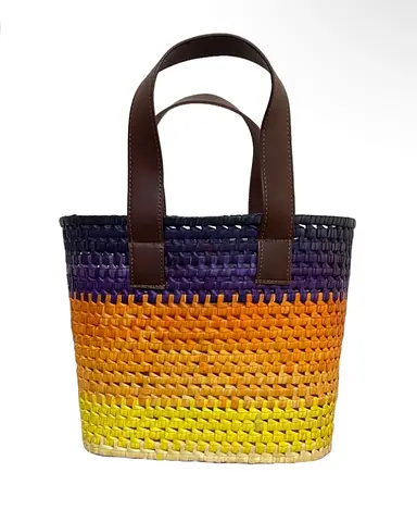 Handwoven Multicolor Straw Tote Bag with Brown Leather Handles