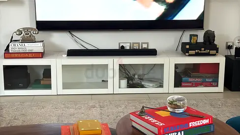 White Low TV Cabinet with Glass Doors - 4 Compartments