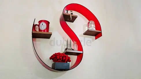 Red S-shaped Decorative Wall Shelf with 4 Display Platforms