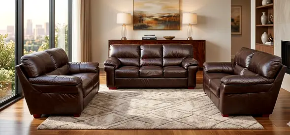 3-piece brown leather sofa set — 3-seater + 2-seater + armchair, good condition