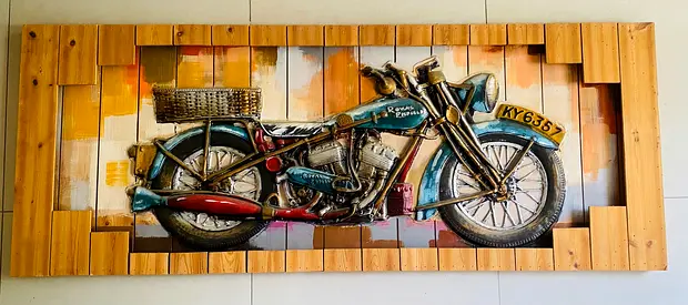 Large 3D Wooden Motorcycle Wall Art – 1.5m | Vintage Style