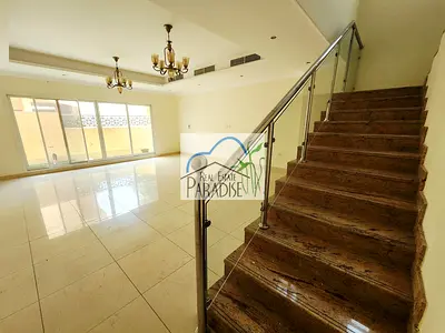 available Private entrance 3 bedrooms all master modern finish villa / living-dining area / 4 parking/maid room/ private back yard for rent in mirdif