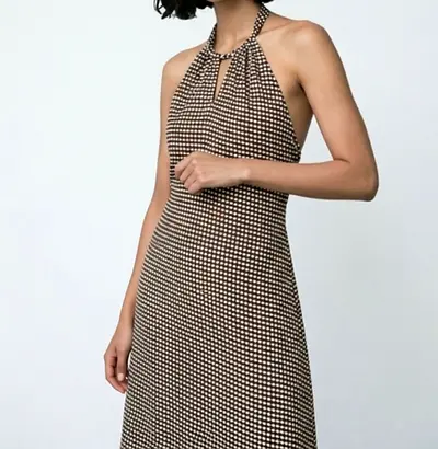 Brown patterned halter neck midi dress size S, Preloved