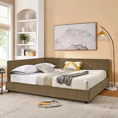 Light brown velvet queen day bed with mattress