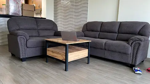 Dark Grey Fabric 3-Seater Sofa and 2-Seater Loveseat Set with Wooden Coffee Table + Fitted Sofa Cove