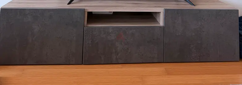 Low modern TV entertainment cabinet with storage - grey wood finish
