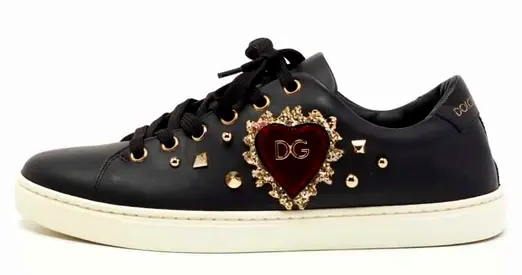 Dolce  Gabbana Black Leather Heart Embellished Low-Top Sneakers.  Pre-owned.