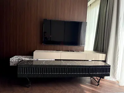 Black TV Console / Media Bench with Marble Top Accent - 4 Draws - Rib Detail