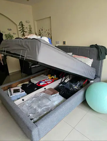 Grey Upholstered Ottoman Storage Double Bed - Lift-Up Frame