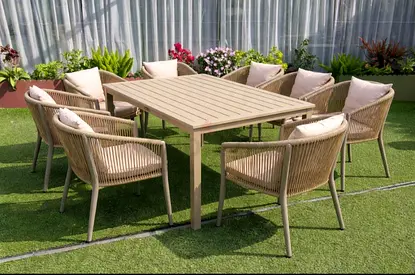 8-Seater Outdoor Dining Set with Cushioned Rope Chairs and Rectangular Table