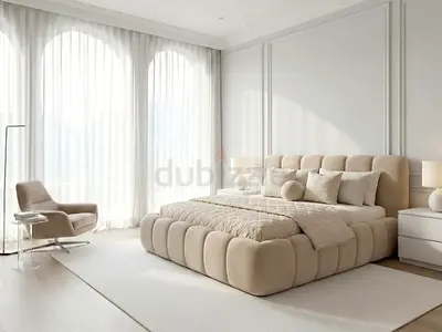 Modern upholstered king bed with padded headboard and base in beige