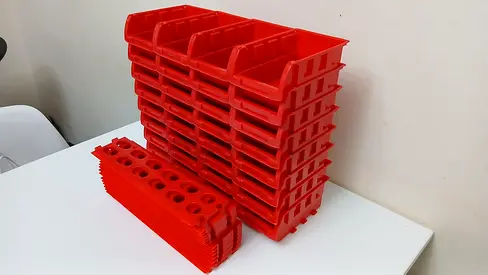 Set of Red Plastic Storage Bins (Stackable) - 32 PCS and 15 Backside Attachments