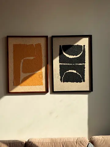 Pair of Minimalist Framed Textile Wall Art - Black  Ochre Set