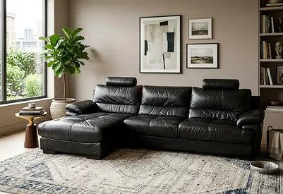 Black Leather L-Shaped Sofa with Left Chaise - Good Condition