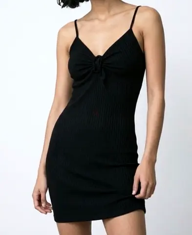 Black Ribbed Spaghetti Strap Mini Dress with Front Knot Preloved