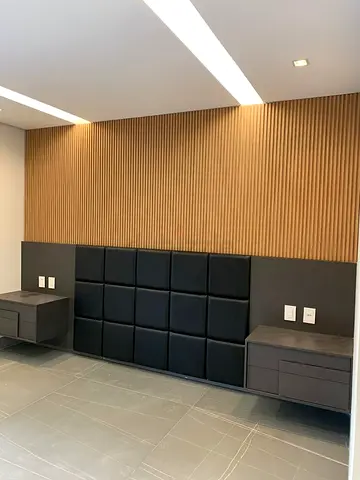 Modern upholstered black headboard panels with matching bedside tables (pair)