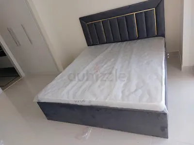 Brand New Queen size bed frame with mattress - grey upholstered headboard