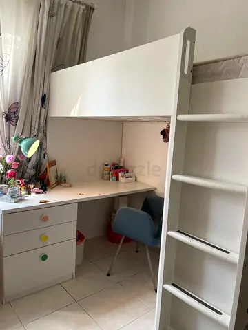 White Loft/ bunk Bed with Built-in Desk and Drawers and closet — Good Condition
