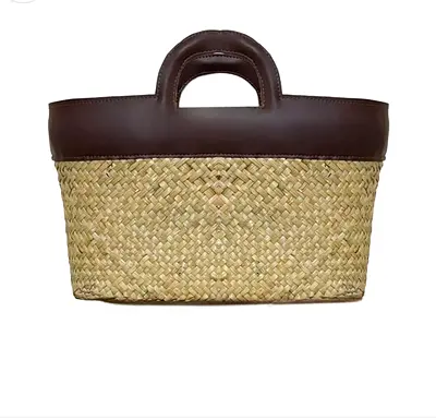 Woven Straw Tote Bag with Brown Leather Trim and Handles