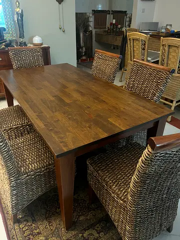 Solid Wood Dining Table with Woven Rattan Chairs - Set of 6