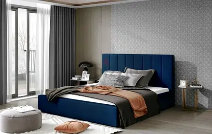 Brand New Modern Upholstered King Bed with Padded Headboard - Navy Blue
