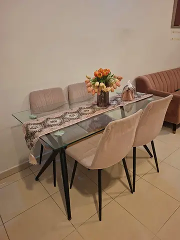 Glass Top Dining Table with 4 Beige Velvet Chairs - Modern Set