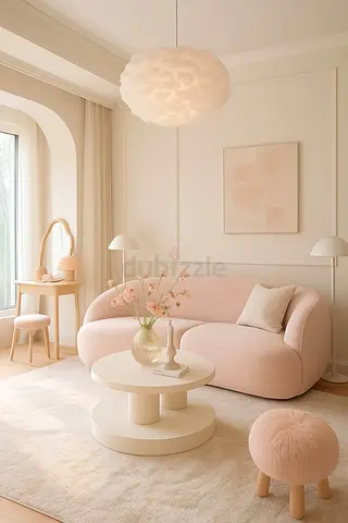 Light Pink Curved Sofa with Matching Rug and Pouf - Modern Living Room sofa