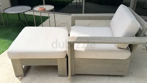 Habitat outdoor lounge chair with ottoman - light wood frame, cream cushions