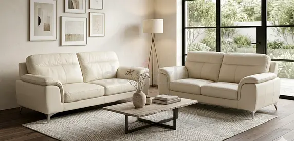 Beige Leather 3- and 2-Seater Sofa Set — Good Condition