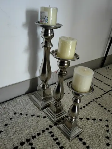 Set of 3 Silver Metal Candle Holders with Cream Pillar Candles