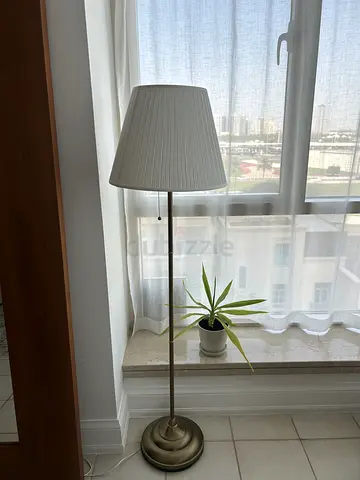 Brass Floor Lamp with Pleated White Shade - Good Condition