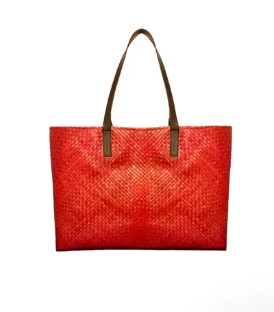 Red Woven Leather Tote Bag with Brown Shoulder Straps