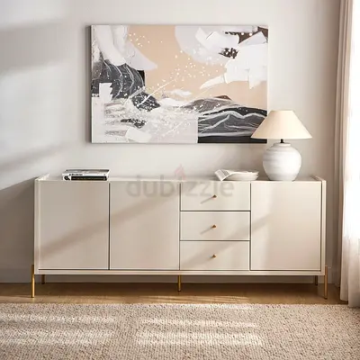 Minimalist Beige Sideboard with Gold Legs and 3 Drawers