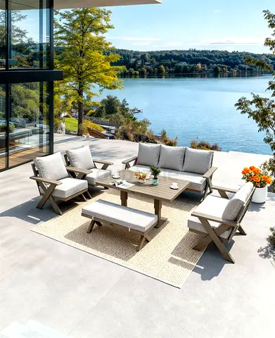 7-Piece Outdoor Patio Sofa Set with Coffee Table and Bench - Light Grey Cushions hydraulic table