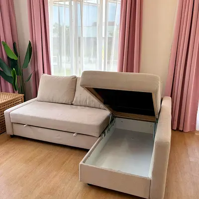 Beige L-shaped Storage Sofa Bed — Left Chaise, Good Condition