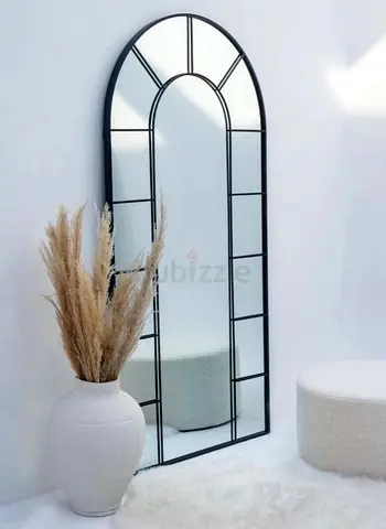 Tall Arched Full-Length Decorative Wall Mirror with Black Grid Frame