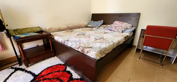 Queen size bed frame with headboard, mattress and bedside table - used